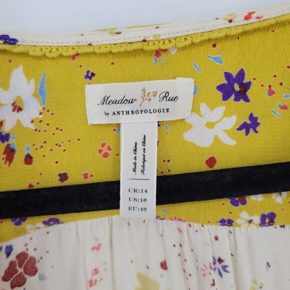 Meadow Rue womens 10 Anthro yellow white floral Bon Voyage wrap blouse boho - Picture 5 of 10